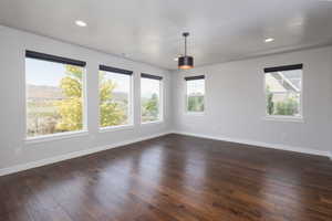 Spare room featuring dark wood-type flooring