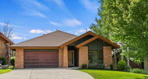 View of front of house with a garage and a front lawn