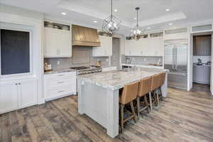 Kitchen featuring dark hardwood / wood-style floors, a raised ceiling, premium range hood, backsplash, and sink