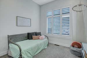 Carpeted bedroom featuring multiple windows