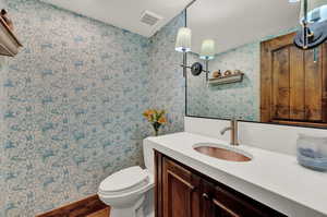 Bathroom with vanity, toilet, and wood flooring