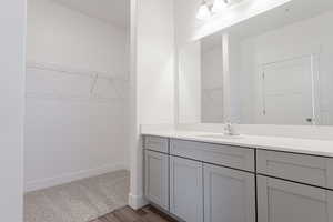 Bathroom with hardwood / wood-style floors and vanity