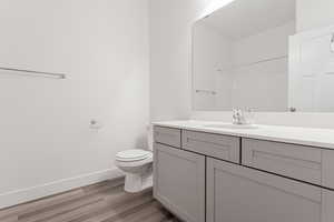 Bathroom with a shower, hardwood / wood-style floors, vanity, and toilet