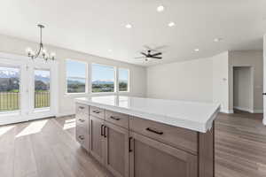 Kitchen with a center island, a healthy amount of sunlight, light hardwood / wood-style floors, and pendant lighting