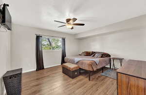 Primary Bedroom with laminate wood flooring and ceiling fan