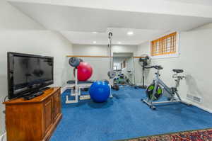 Exercise room featuring carpet