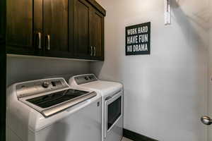 Laundry room with separate washer and dryer and cabinets