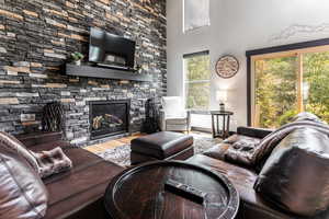 Living room with a healthy amount of sunlight, a fireplace, and hardwood / wood-style flooring