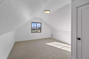 Bonus room featuring vaulted ceiling, a textured ceiling, and carpet flooring