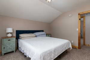 Bedroom with carpet flooring and lofted ceiling