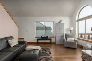 Living room featuring wood-type flooring and lofted ceiling