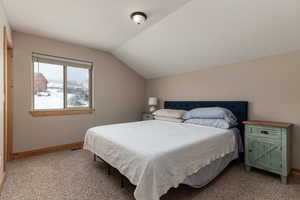 Bedroom featuring carpet and lofted ceiling