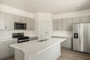 Kitchen with gray cabinets, sink, light hardwood / wood-style floors, appliances with stainless steel finishes, and a kitchen island with sink