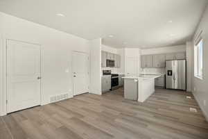 Kitchen featuring gray cabinets, stainless steel appliances, light hardwood / wood-style floors, and an island with sink