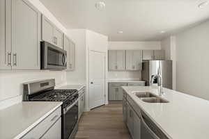 Kitchen featuring sink, appliances with stainless steel finishes, wood-type flooring, and gray cabinets