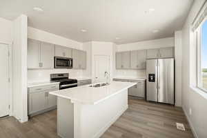 Kitchen with gray cabinets, stainless steel appliances, light wood-type flooring, sink, and a center island with sink