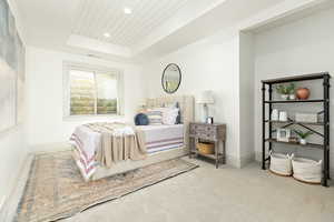 Carpeted bedroom featuring a tray ceiling