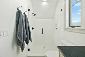 Accessory Apartment Bathroom featuring an enclosed shower, toilet, and vanity