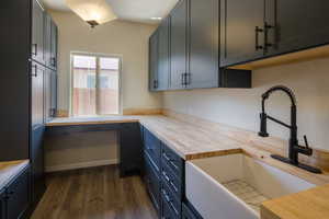 Kitchen featuring sink, wood counters, and dark hardwood / wood-style floors