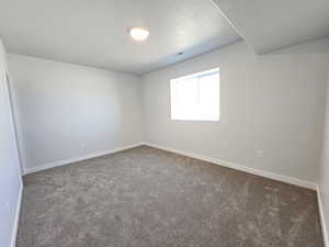 Carpeted empty room with a textured ceiling