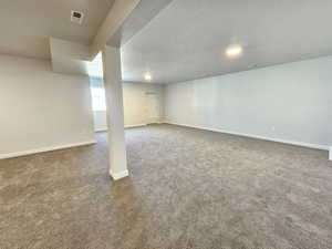 Basement with a textured ceiling and dark carpet