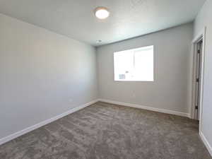 Carpeted empty room with a textured ceiling