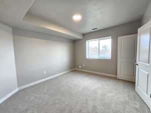 Spare room featuring a textured ceiling and light colored carpet