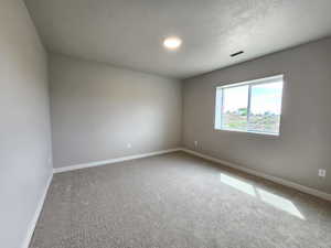 Unfurnished room featuring carpet flooring and a textured ceiling