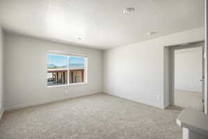 Unfurnished room with a textured ceiling and light colored carpet