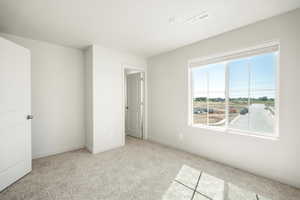 Unfurnished bedroom with light colored carpet