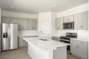 Kitchen with stainless steel appliances, sink, gray cabinets, a kitchen island with sink, and light wood-type flooring