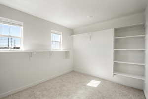 Walk in closet featuring light colored carpet