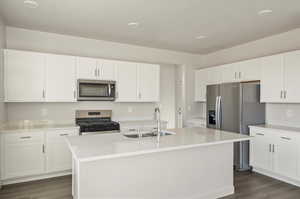 Kitchen with white cabinets, a kitchen island with sink, dark hardwood / wood-style floors, stainless steel appliances, and sink