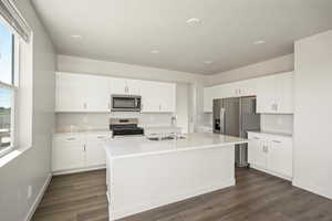 Kitchen featuring white cabinets, dark wood-type flooring, appliances with stainless steel finishes, and sink