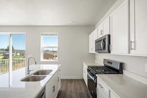 Kitchen featuring range, white cabinets, dark hardwood / wood-style flooring, light stone counters, and sink