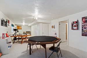 Rec room featuring a textured ceiling and carpet flooring