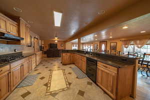 Kitchen with black dishwasher, sink, dark stone counters, and light tile flooring.