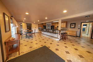 View from dining area to open kitchen.