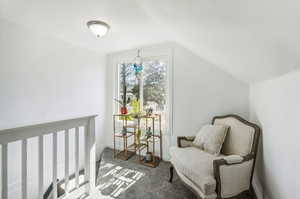 Sitting room featuring carpet flooring and lofted ceiling