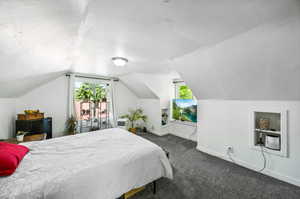 Bedroom featuring dark colored carpet and lofted ceiling