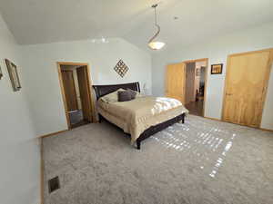 Carpeted bedroom with lofted ceiling