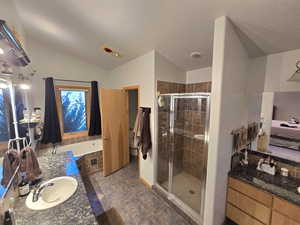 Bathroom featuring vanity with extensive cabinet space, walk in shower, tile flooring, and lofted ceiling