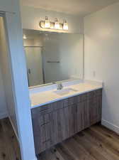 Bathroom featuring a shower with door, vanity, and wood-type flooring