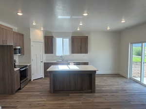 Kitchen with dark wood-type flooring, a healthy amount of sunlight, a kitchen island, and stainless steel appliances