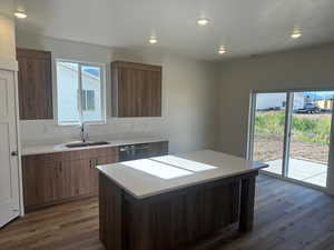 Kitchen with dishwasher, wood-type flooring, a kitchen island, and sink