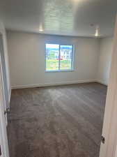 Carpeted spare room with a textured ceiling