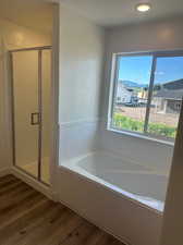 Bathroom featuring shower with separate bathtub and hardwood / wood-style floors