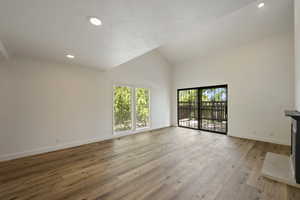 Unfurnished living room featuring high vaulted ceiling and light hardwood / wood-style flooring