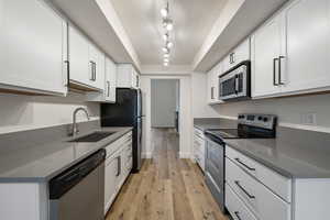 Kitchen featuring light hardwood / wood-style floors, stainless steel appliances, rail lighting, sink, and white cabinetry