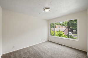 Carpeted empty room with a textured ceiling